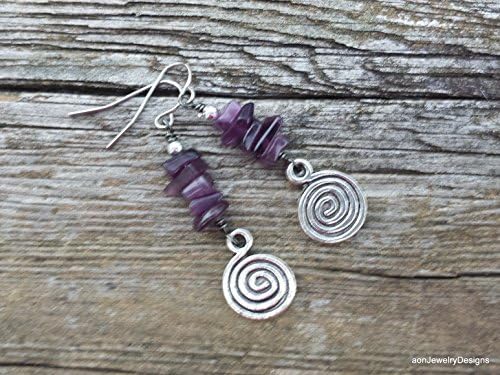 Purple Cats Eye Glass Chip &amp; Silver Swirl Charm Dangle Earrings. Whimsical Jewelry. E-661