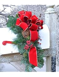 Home: Outdoor Holiday Mailbox Swag with Bow CR1022 Decorations-Pine - Floral Home Decor