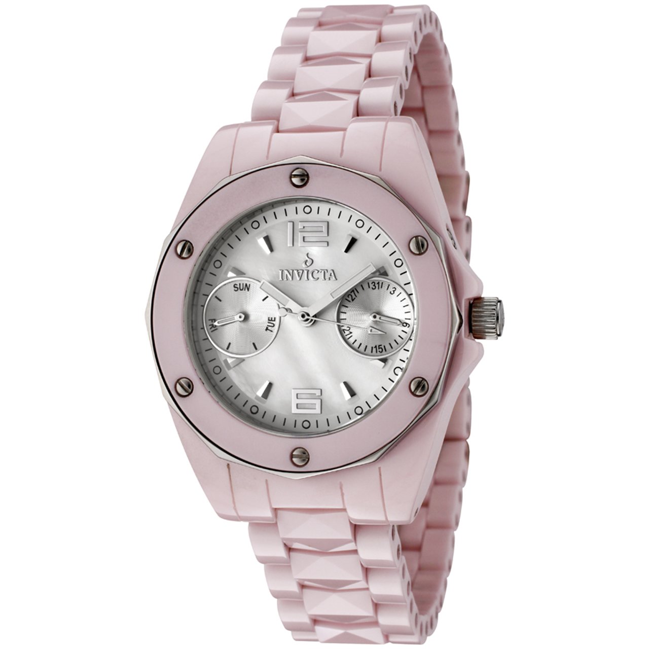 New Ladies Invicta 0299 Pink Ceramic Swiss Quartz Day Date Watch NO RESERVE