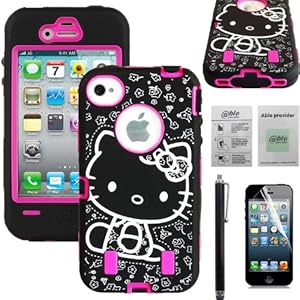 Able® 2 Layer Hybrid Heavy Duty High Impact Rugged Case Cover For Apple Iphone 4 / 4S Pink Color (Pink Kitty)