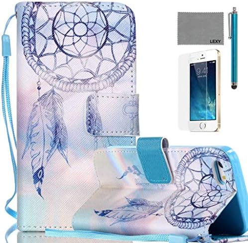 iPhone 5/5S Case, LEXY PU Leather Full Body Case with Credit ID Cards Holders &amp; Stand for iPhone 5/5S with 9H Glass Screen Protector and Stylus (Rainbow Blue Windbell)