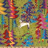 44'' Wide Laurel Burch Holiday Celebration X-mas Trees Olive/Multi Fabric By The Yard
