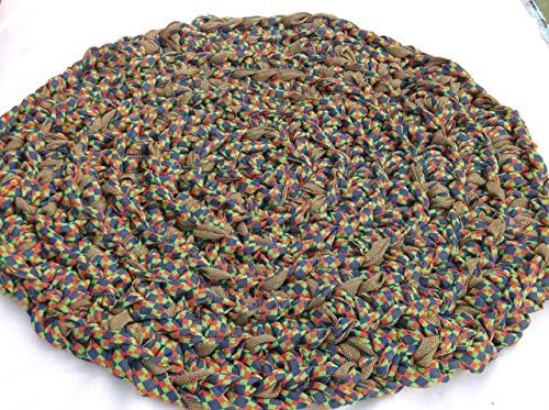 Multi Color Cobalt Blue Neon Green Bright Red Fabric Round Rug Handmade