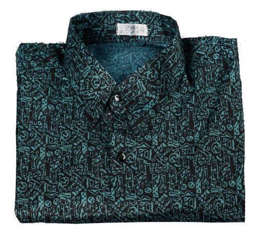 Green Black Pattern, Men's Thai Silk Shirt Short Sleeved / Sleeves Hawaiian Shirt
