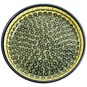 Bunzlauer Polish Pottery 879-DU1 Traditional Pie Plate, Yellow with Blue and Green