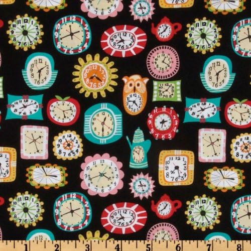 44'' Wide Really Really Retro Clocks Black Fabric By The Yard