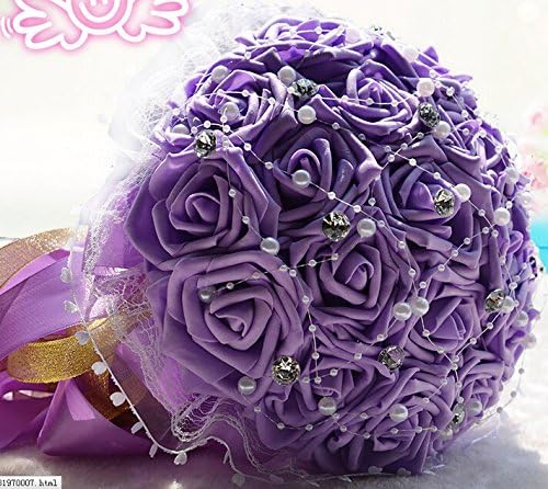 18 PCS Senior Handmade Custom Bride Holding Flower Bouquet Artificial Roses Luxury Diamond Pearl with Yellow Ribbons Wedding Gift (purple)