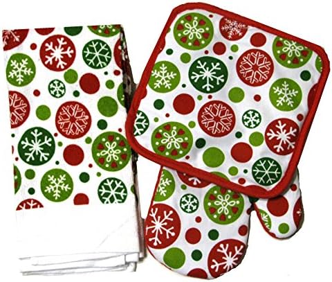 Christmas Snowflakes 4 Pc Kitchen Towels Oven Mitt Pot Holder Set