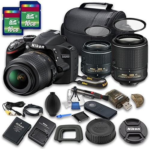 Deluxe Value Bundle Kit For D3200 DSLR + 18-55 VR II Lens + 55-200 VR II Zoom Lens + 32GB High-speed SD Card + Deluxe Camera Carry Case + DSLR Maintenance Cleaning Kit