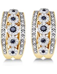 10K Yellow and White Two 2 Tone Gold Round Brilliant Cut Black and White Diamond - Channel Set Round Circle Hoop Earrings - (4/5 cttw.)