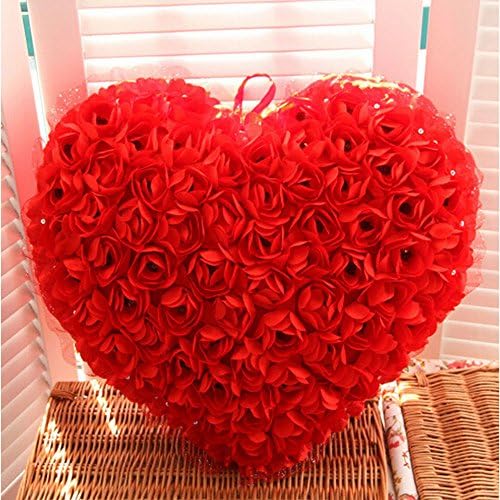 Peneric High Quality Satin Heart Rose Flower Bed Sofa Pillow Cushion Rose Flowers 15.7x13.7-inch Decorative Wedding (Hot Red (Rose pillow))