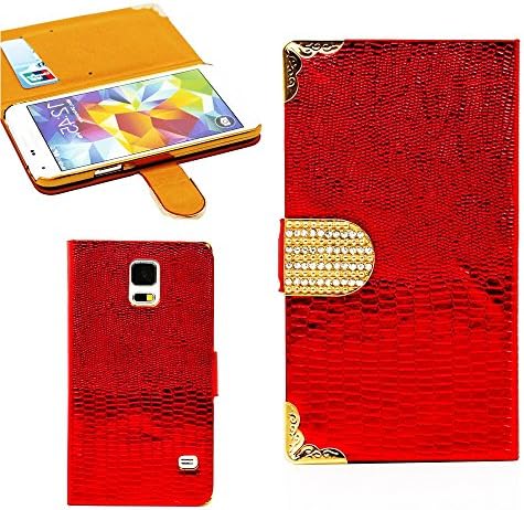 myLife (TM) Gloss Deep Ruby Red, Crocodile Leather - Luxury Design - Koskin Faux Leather (Card, Cash and ID Holder + Magnetic Detachable Closing) Slim Wallet for NEW Galaxy S5 (5G) Smartphone by Samsung (External Rugged Synthetic Leather With Magnetic Clip + Internal Secure Snap In Hard Rubberized Bumper Holder)