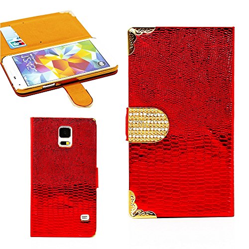 myLife (TM) Gloss Deep Ruby Red, Crocodile Leather - Luxury Design - Koskin Faux Leather (Card, Cash and ID Holder + Magnetic Detachable Closing) Slim Wallet for NEW Galaxy S5 (5G) Smartphone by Samsung (External Rugged Synthetic Leather With Magnetic Clip + Internal Secure Snap In Hard Rubberized Bumper Holder)
