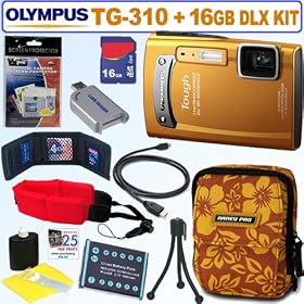 Click here to buy Olympus TG-310 14.0 MP Digital Camera (Orange) + 16GB Deluxe Accessory Kit by Olympus.