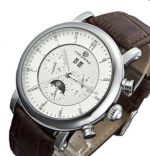 Timiep Forsining Mens L-tourbillon Automatic Moonphase Leather Wrist Watches White Silver C1196