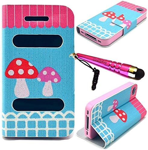 MeKube (TM) Fashionable iPhone 4/4S Magnetic Flip Folio Cover PU Leather Stand Case With LCD Screen Protector &amp; Touch Stylus Pen for Apple iPhone 4 4G 4S (Blue Mushroom Pattern)