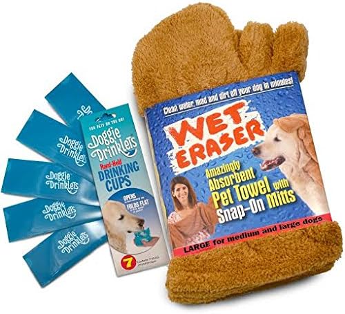 Microfiber Towel for Dogs Wet Eraser + FREE BONUS 5 Travel Dog Bowls- Best Dog Bath Wash Towel with Snap-on Mitts Hand Pockets for Underbelly Drying Quick Drying Holds 7 Times Its Weight in Water