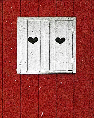 Two of Hearts. Valentine's Day Photo depicting white wooden shutters with carved hearts on a red barn with snow. This print can be customized with love quotes or wedding dates and sayings.