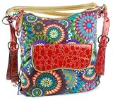 Flower Print Canvas Handbag - Crocodile Trim Hobo, Satchel or Shoulder Bag - Floral RED