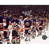Steiner Sports NHL New York Islanders J.P. Parise Islanders Shaking Hands After Eliminating Rangers 16 x 20-inch Photo with "GWG" And "Jeep" Inscription.