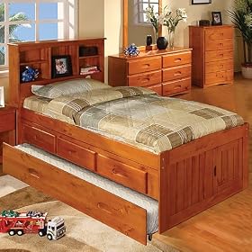 Honey Bookcase Captains Twin w 3 Drawer Elv. Ped and Trundle: Desk Hutch and Chair, TV...