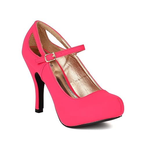 Qupid BB44 Women Nubuck Mary Jane Cutout Platform Heel Pump - Fuchsia