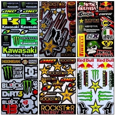 Set 6 Sheet Rockstar Energy Yamaha Kawasaki Metal Mulisha ATV Helmet Bike Motorcycle Motocross Racing Decal Sticker