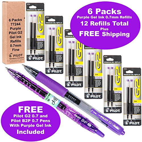 Pilot G2 Refills, Purple Ink 0.7mm Fine, 6 Packs of Refills Plus 1 Pilot G2 07 Purple Pen and 1 Pilot B2p Purple Pen 
Pilot G2 Refills, Purple Ink 0.7mm Fine, 6 Packs of Refills Plus 1 Pilot G2 07 Purple Pen and 1 Pilot B2p Purple Pen