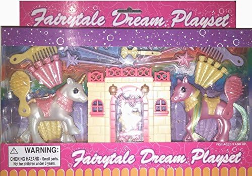 Fairy Tale Dream Play set Unicorn and Pony. Great gift for girls ages 3 and up. 2 unicorns and a house. Brushes and carrots included. Imaginative Barbie house Addition. Colorful Pretend Play.