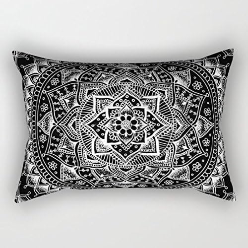 White Flower Mandala on Black Cushion Throw Pillow Cover 24x 16 Inch