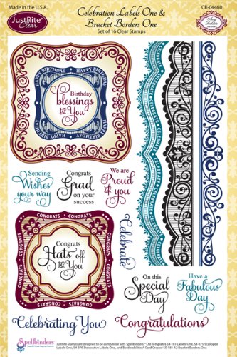 Justrite 16-Piece Papercraft Clear Stamp Set, 6 by 8-Inch, Celebrations Labels