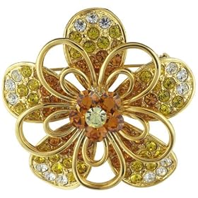 Vintage Gold Tone Citrine And Clear Rhinestone Flower Brooches Pin by Pugster