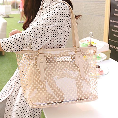 Doramior® Clear Transparent PVC Zipper Polka Dot Women Lady Beach Carrying Handbag Carrier Tote Shoulder Bag (Beige)
