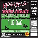 Wild Ride Beef Jerky Cowboy Strips, Pepper, 16-Ounce Bag