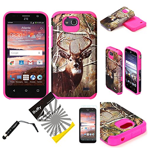 For ZTE Overture 2 - ZTE Fanfare - ZTE Maven - ZTE Scend - ZTE Atrium ITUFFY (TM) 3items Combo: Screen Protector + Stylus Pen + Dual Layer Impact Resistance Hybrid Armor Case (Tree Deer Hot Pink)