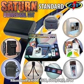 Saturn Universal Kit Standard for Nikon CoolPix 4300, 4500, 5000, 5400 includes: TheZipkit Camera Bag, Leatherette Case, 1 EN-EL1 800 mAh Battery, Mini AC/DC Charger, 5-in-1 Cleaning Kit, Mini-Wire Tripod, USB 2.0 Card Reader/Writer, and more