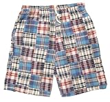 Hand sewn madras blue patchwork dorm shorts, longer length shorts, 100% cotton 5 adult sizes, S to XXL