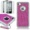 Pandamimi Deluxe Hot Pink Chrome Bling Crystal Rhinestone Hard Case Skin Cover for Apple iPhone 4 4S 4G With 2 Pcs Screen Protector and Pink Stylus