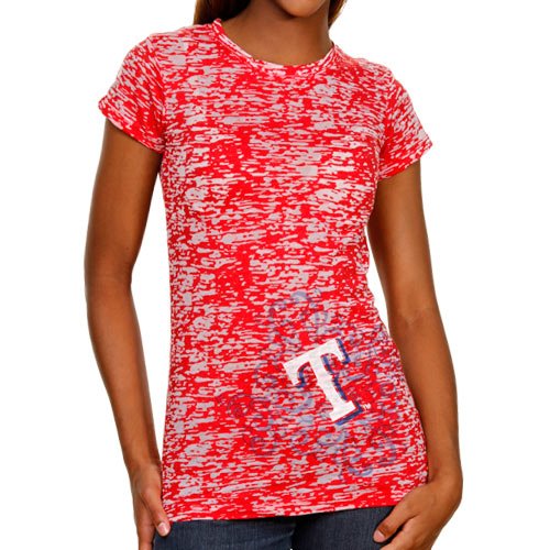 Texas Rangers Ladies Scroll Burnout Premium Crew T-shirt - Red (X-Large)