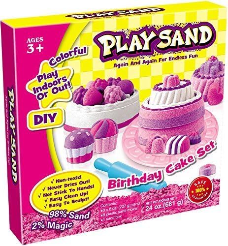 Cmor Birthday Cake Set Children's Play Sand , Kinetic Sand (3 Colors * 277g) - Sandbox &amp; 8 Plastic Molds