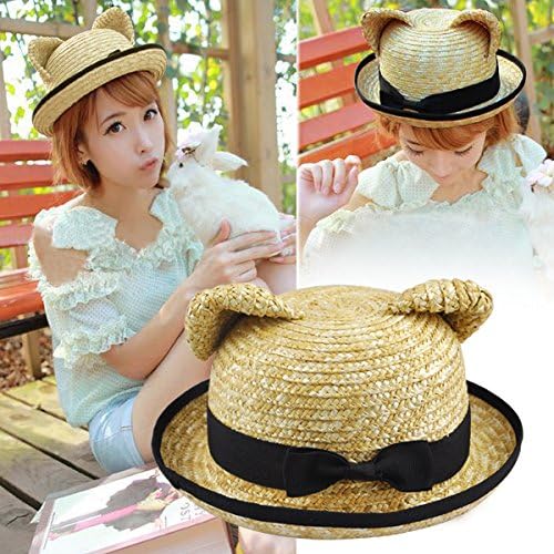 Veroda Curly Brim Cat Ears Straw Hat Fedora Cap Cute Color Coffee