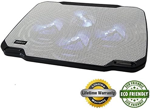 CUCCOT 11 -14 inch Portable Laptop Cooling Pad, Best Ultra-Slim Chill Mat with Four 80mm Blue LED Fans at 1,800RPM &amp; Dual USB Ports &amp; Wind Speed Controller &amp; 2 - Level Adjustable Height - White+Black