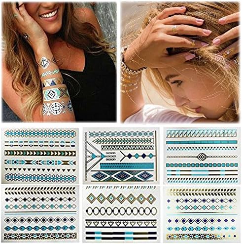 SHINEstyle 8 Styles &amp; 8 Sheets Pack, Metallic Removable Waterproof Temporary Flash Tattoo Pattern &amp; Golden Bling Glitter Tattoo Stickers Body Art Sex Products