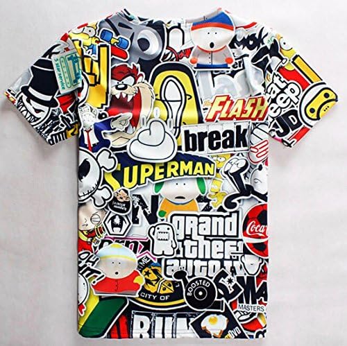 TM Men's Funky Slim Fit 3D Cartoon Print Short Sleeve Tee Shirt Tops XL White
