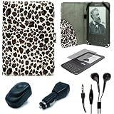 Leopard Pattern Design Protective Portfolio Nylon Carrying Case Cover for Amazon Kindle 3rd Generation Wireless Reading Device 3G Wi-Fi 6 inch LCD Display + Clear Screen Protector Guard for Kindle 3 Wifi + USB Travel Home Charger + USB Car Charger + Black Hifi Noise Reducing Handsfree Headphones / Earbuds with Mic