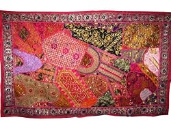 Glamor Girl Hot Pink Bead Vintage India Decor Sari Tapestry Wall Hanging Throw 70x44
