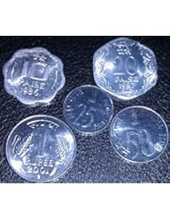 Rare World Currency: Set of Five Rare Collectible Coins From India - 10, 20, 25 & 50 Paise and 1 Rupee From Eighties and Nineties : Almost Uncirculated