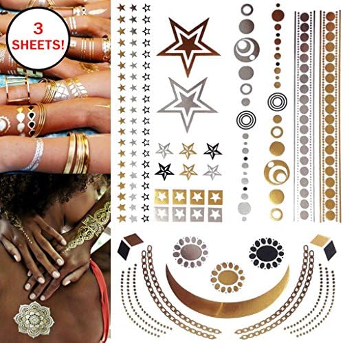 Metallic Jewelry Gold, Silver & Black Design Flash Tattoos, Temporary Bling- 3 Sheets 5.5" x 8.5"- Great Christmas Gift!
