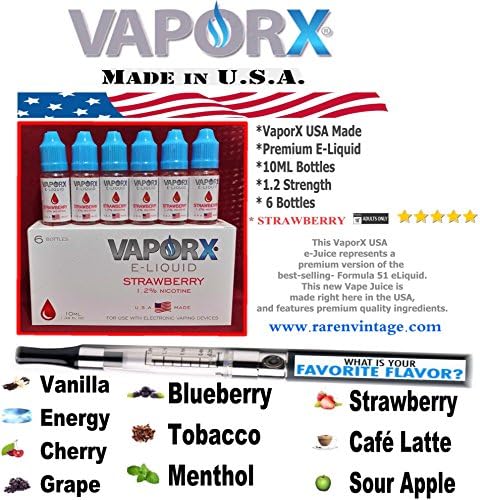 VaporX Premium E-Liquid USA Made "STRAWBERRY" 1.2 Strength (6 Bottles 10ML Ea)