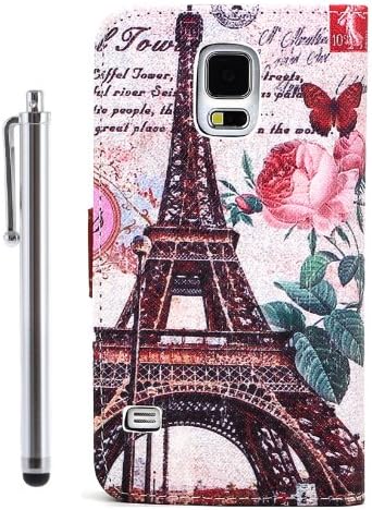TheLovelyBird PU Leather Folio Stand Wallet Case / Cover for Samsung Galaxy S5 + Stylus Pen in Retail Packaging (Tower and Flower)